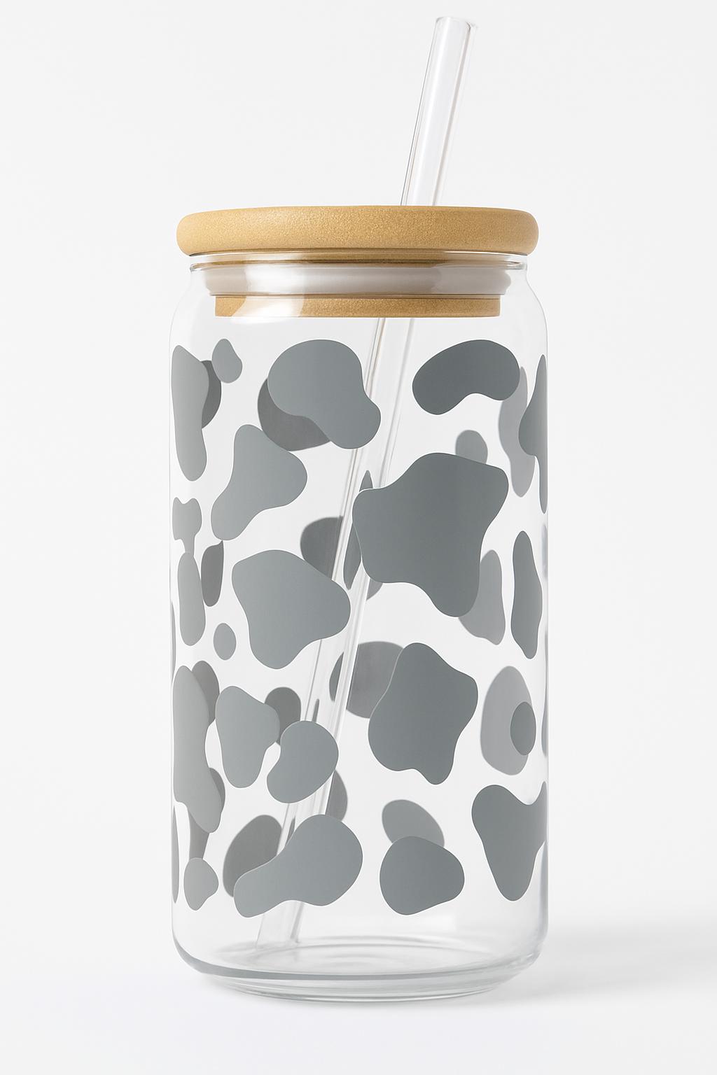 Cow Print Glass Tumbler 16oz with Straw and Bamboo Lid – Coffee Lover Gift