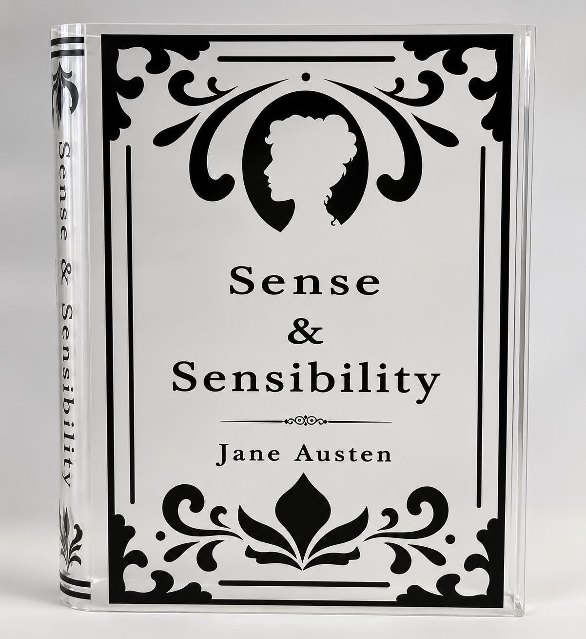 Jane Austen Sense & Sensibility Acrylic Book Vase with Permanent Vinyl Decor. One sided as well as the book binding side.