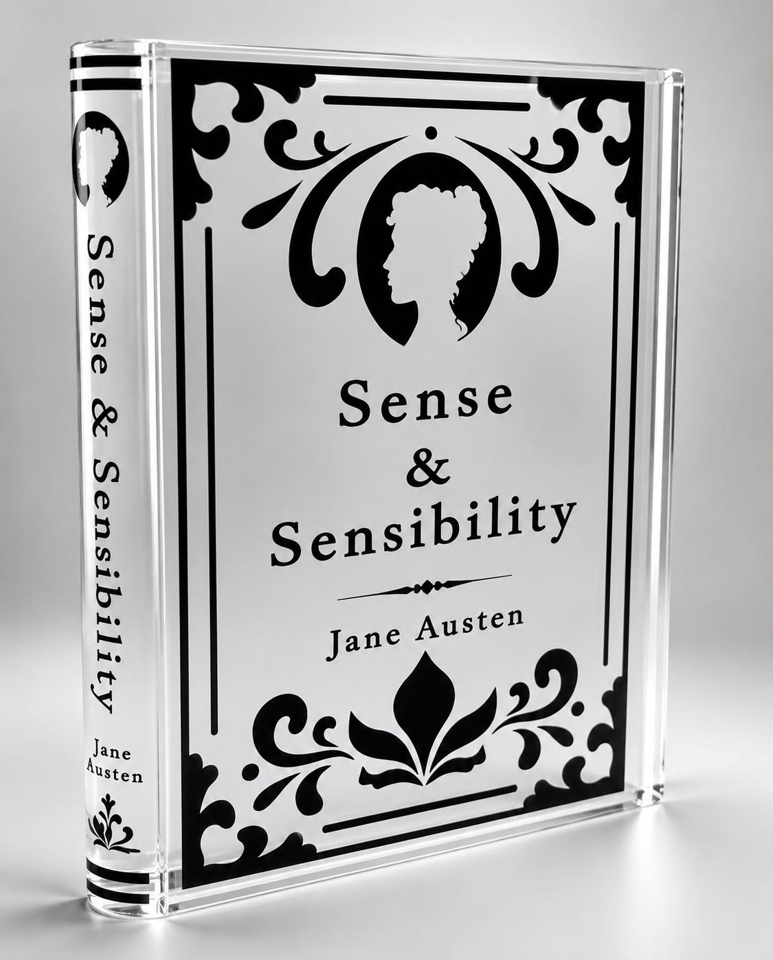 Jane Austen Sense & Sensibility Acrylic Book Vase with Permanent Vinyl Decor. One sided as well as the book binding side.