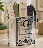 Mockup of usage idea- can hold bookmarks, pens, fake flowers, etc. Jane Austen Sense & Sensibility Acrylic Book Vase with Permanent Vinyl Decor. One sided as well as the book binding side.