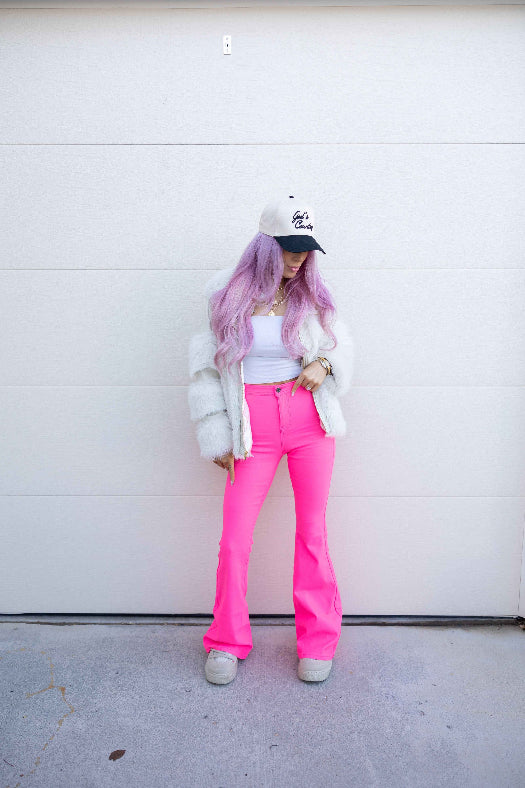 Fiona High Waisted Bell Bottom Flare Jeans – Pink Stretch Denim