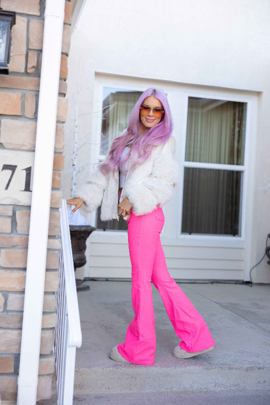 Fiona High Waisted Bell Bottom Flare Jeans – Pink Stretch Denim