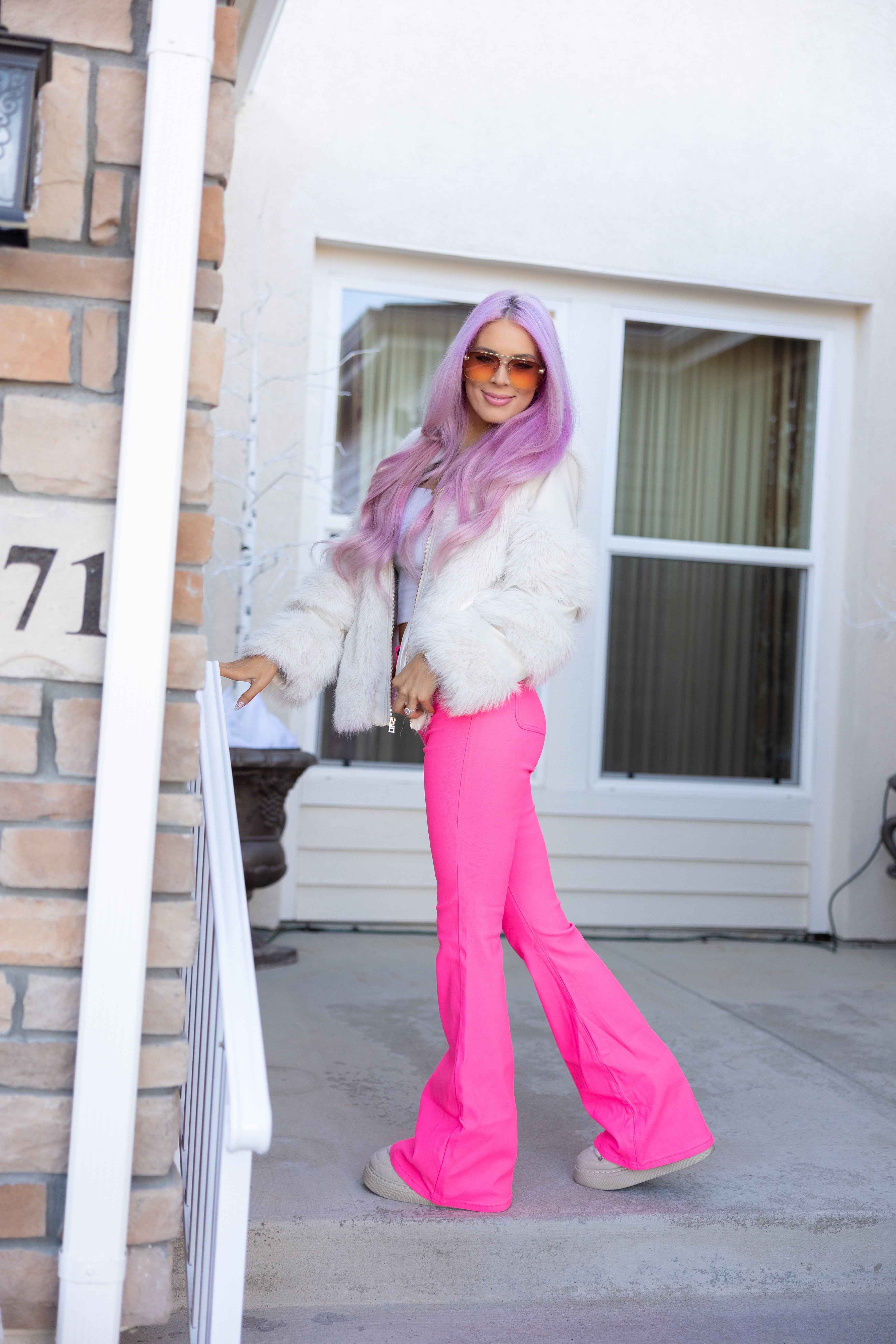 Fiona High Waisted Bell Bottom Flare Jeans – Pink Stretch Denim