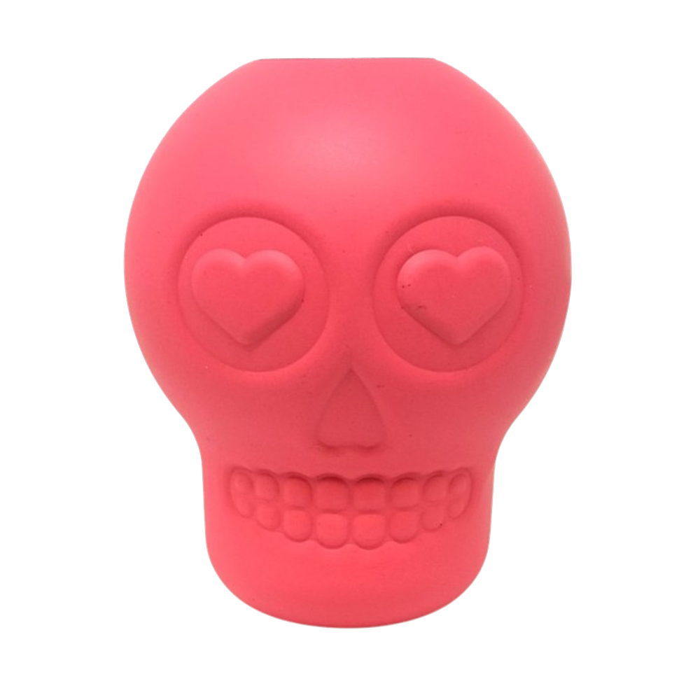 Pink SodaPup Sugar Skull dog chew toy and treat dispenser made in the USA from FDA-compliant natural rubber for dogs approximately 30 to 65 pounds.