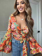 Woodstock Floral Bell Sleeve Wrap Top – Boho V Neck Blouse - 14 Color Options