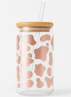 Cow Print Iced Coffee Glass Cup – 16oz Glass with Bamboo Lid