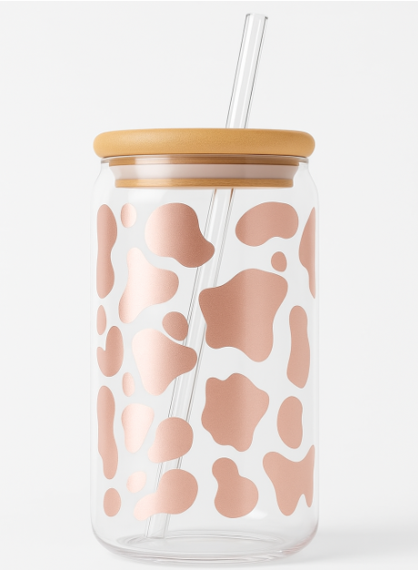 Cow Print 16oz Iced Coffee Glass Cup with Bamboo Lid & Reusable Straw
