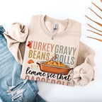 Turkey Gravy Beans & Rolls funny Thanksgiving crewneck sweatshirt featuring a holiday food-inspired graphic in a classic unisex fit in Sand