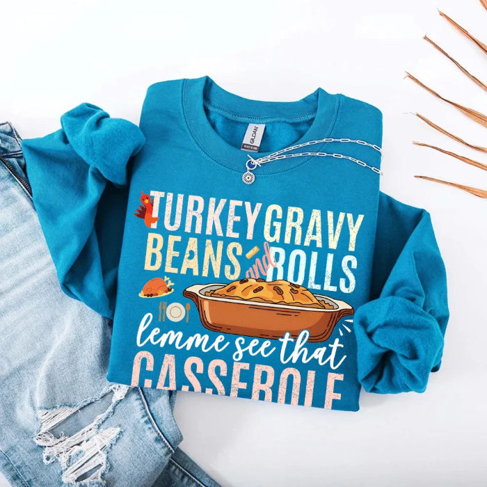 Turkey Gravy Beans & Rolls funny Thanksgiving crewneck sweatshirt featuring a holiday food-inspired graphic in a classic unisex fit in Sapphire