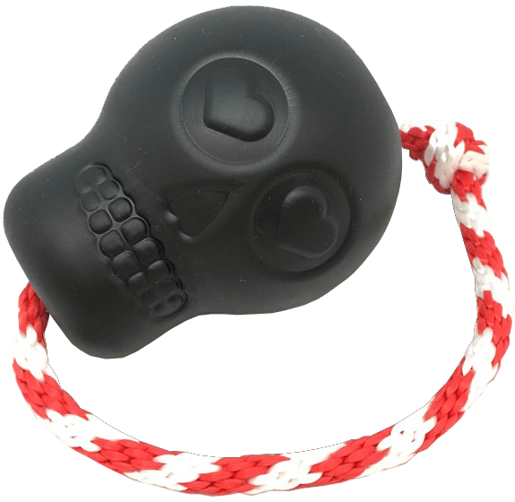 USA-K9 Magnum Skull by SodaPup black rubber dog chew toy and treat dispenser made in the USA for extreme chewers and dogs approximately 30 to 65 pounds.