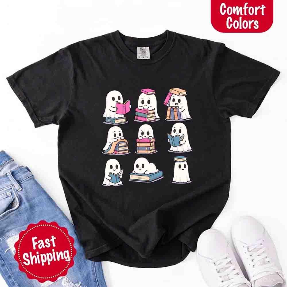 Ghost Reading Comfort Colors Shirt for Spooky Book Lovers
