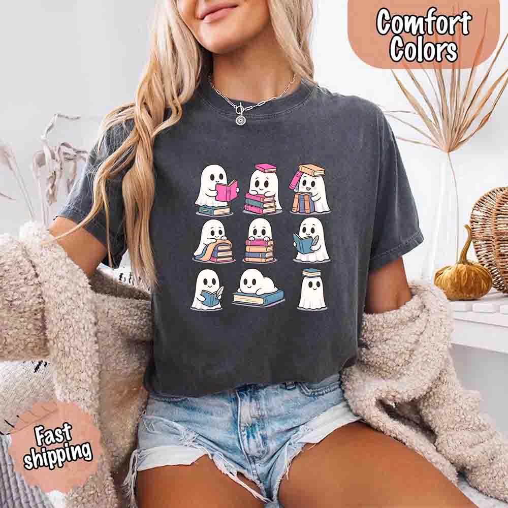 Ghost Reading Comfort Colors Shirt for Spooky Book Lovers