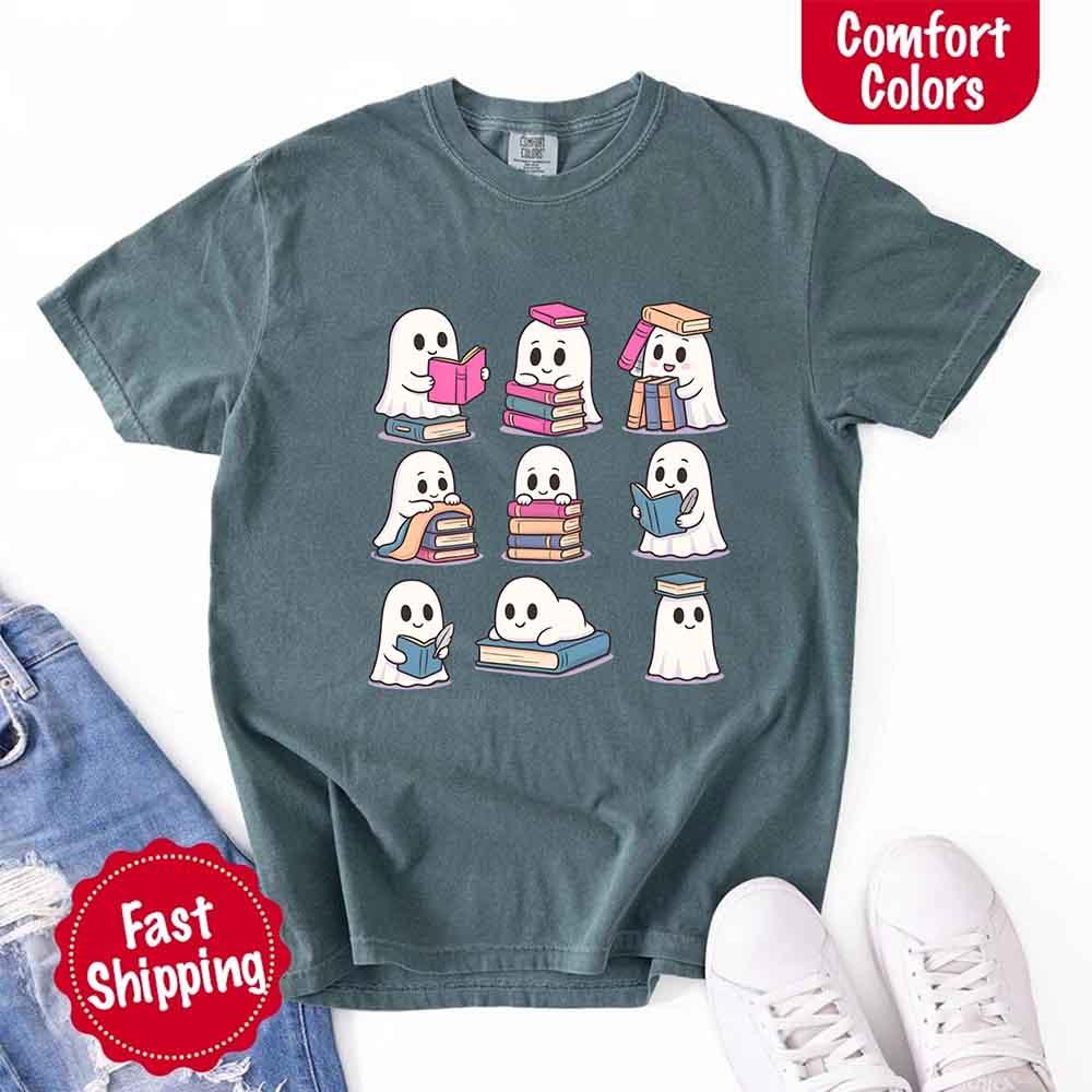 Ghost Reading Comfort Colors Shirt for Spooky Book Lovers