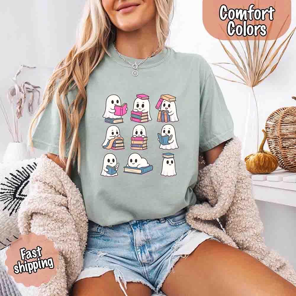 Ghost Reading Comfort Colors Shirt for Spooky Book Lovers