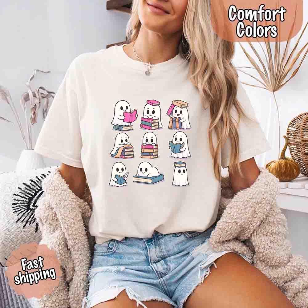 Ghost Reading Comfort Colors Shirt for Spooky Book Lovers