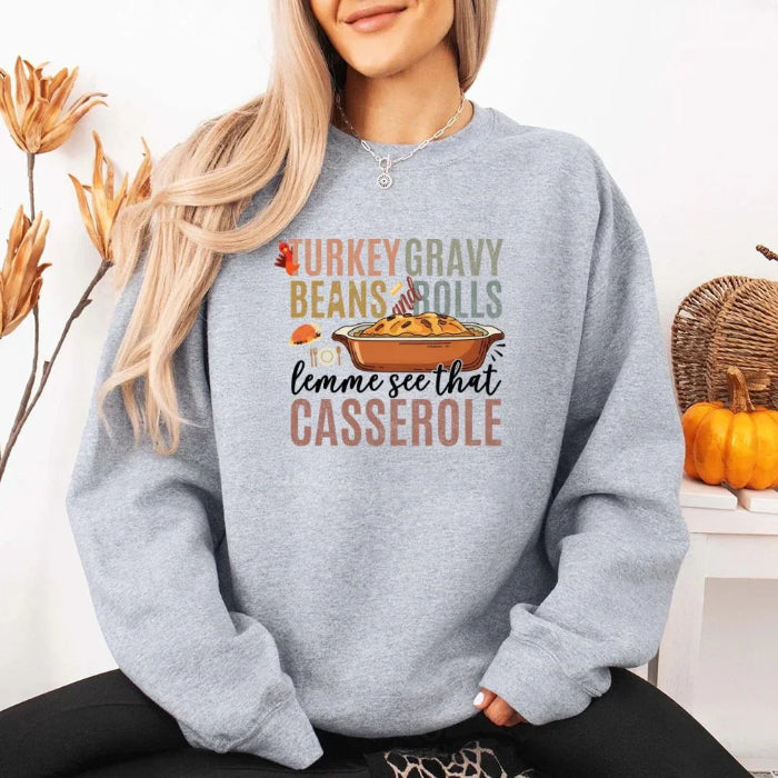 Turkey Gravy Beans & Rolls funny Thanksgiving crewneck sweatshirt featuring a holiday food-inspired graphic in a classic unisex fit in Grey