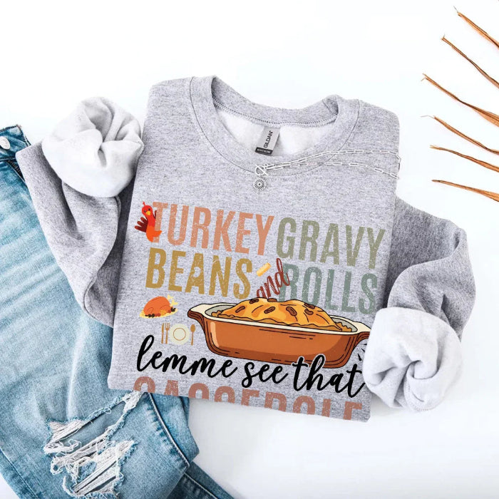 Turkey Gravy Beans & Rolls funny Thanksgiving crewneck sweatshirt featuring a holiday food-inspired graphic in a classic unisex fit in Grey