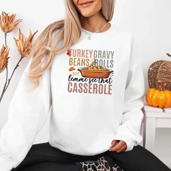 Turkey Gravy Beans & Rolls funny Thanksgiving crewneck sweatshirt featuring a holiday food-inspired graphic in a classic unisex fit in White