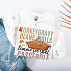 Turkey Gravy Beans & Rolls funny Thanksgiving crewneck sweatshirt featuring a holiday food-inspired graphic in a classic unisex fit in White